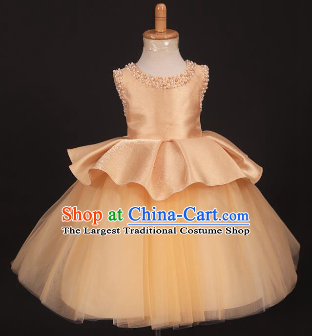 Professional Girls Catwalks Golden Veil Short Dress Modern Fancywork Compere Stage Show Costume for Kids