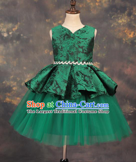 Professional Girls Catwalks Green Veil Short Dress Modern Fancywork Compere Stage Show Costume for Kids