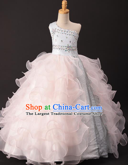 Professional Girls Catwalks Modern Fancywork Pink Veil Long Dress Compere Stage Show Costume for Kids