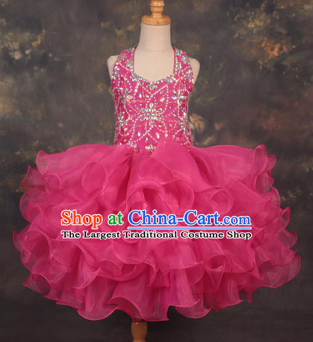 Professional Girls Catwalks Modern Fancywork Rosy Veil Short Dress Compere Stage Show Costume for Kids