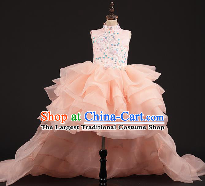 Professional Girls Modern Fancywork Pink Veil Trailing Dress Catwalks Compere Stage Show Costume for Kids