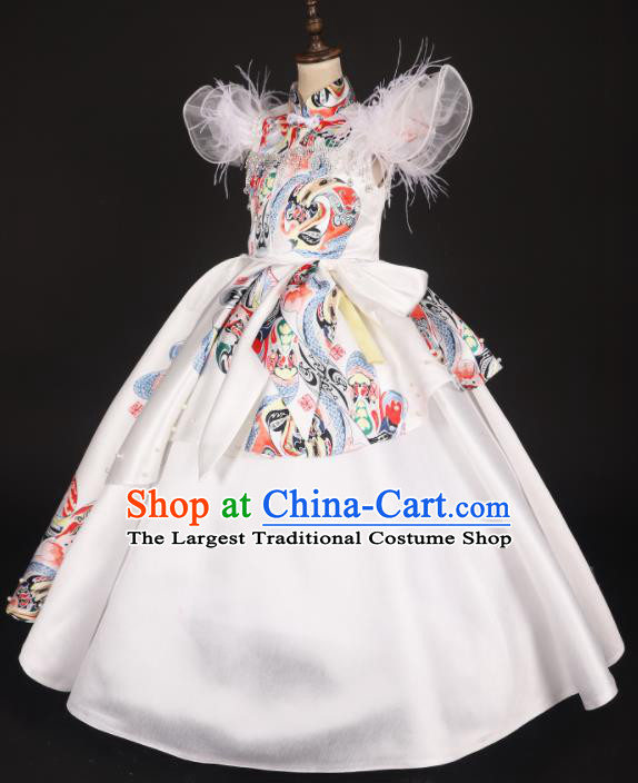 Chinese Stage Performance Folk Dance Catwalks White Full Dress Modern Fancywork Dance Costume for Kids