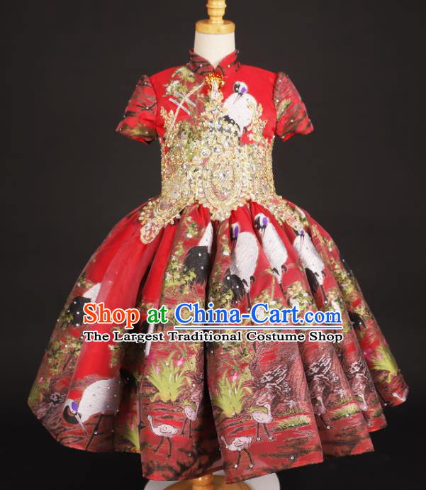 Chinese Stage Performance Folk Dance Red Full Dress Catwalks Modern Fancywork Dance Costume for Kids