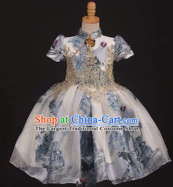 Chinese Stage Performance Folk Dance White Full Dress Catwalks Modern Fancywork Dance Costume for Kids