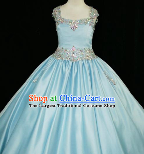 Professional Girls Compere Blue Full Dress Modern Fancywork Catwalks Stage Show Costume for Kids