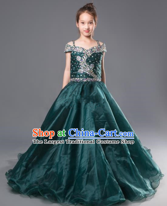 Professional Girls Compere Atrovirens Full Dress Modern Fancywork Catwalks Stage Show Costume for Kids