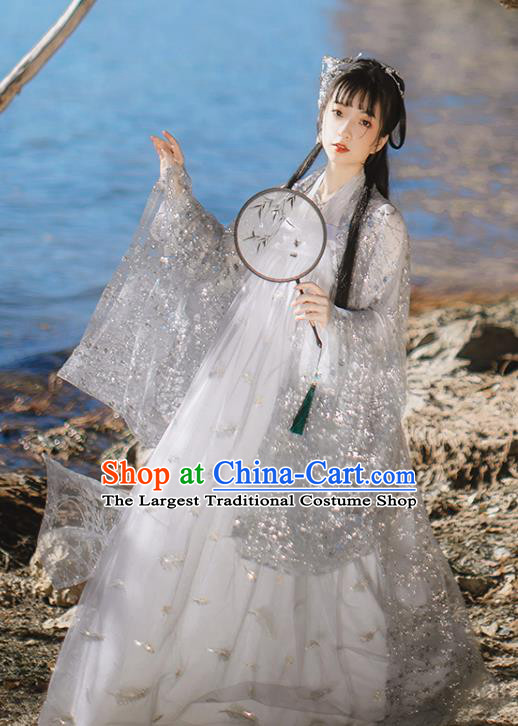 Chinese Traditional Ancient Peri Goddess Grey Hanfu Dress Tang Dynasty Court Princess Historical Costume for Women