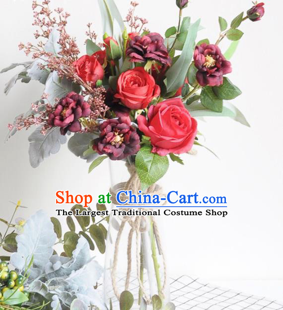 Handmade Classical Wedding Red Roses Silk Flowers Bride Holding Emulational Flowers Ball Hand Tied Bouquet Flowers for Women