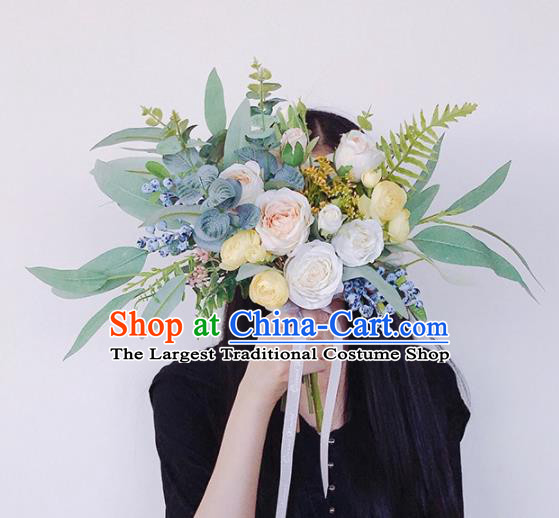 Handmade Classical Wedding Bride Holding Emulational Flowers Rose Flowers Ball Hand Tied Bouquet Flowers for Women