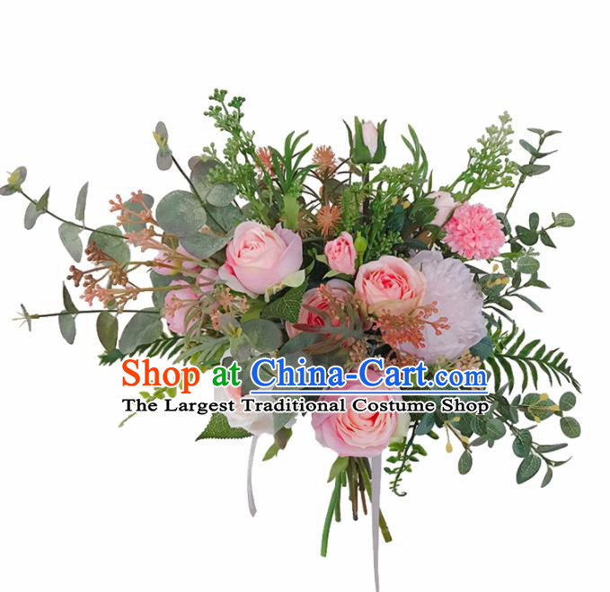 Handmade Classical Wedding Bride Holding Emulational Pink Rose Flowers Ball Hand Tied Bouquet Flowers for Women