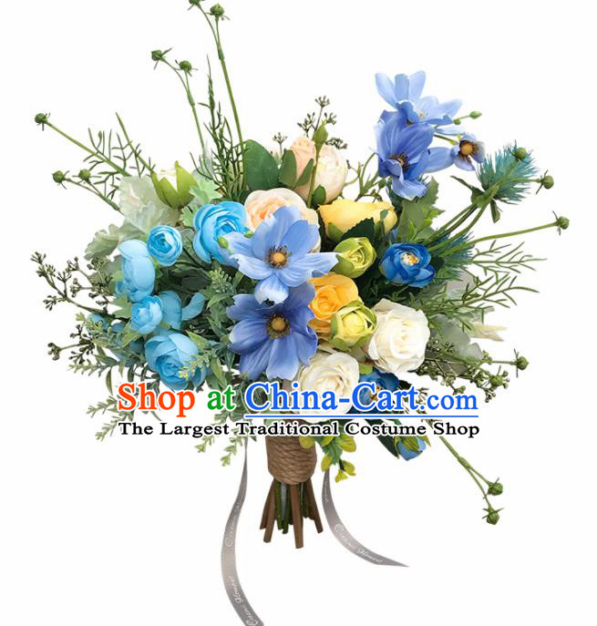 Handmade Classical Wedding Bride Holding Emulational Blue Flowers Ball Hand Tied Bouquet Flowers for Women