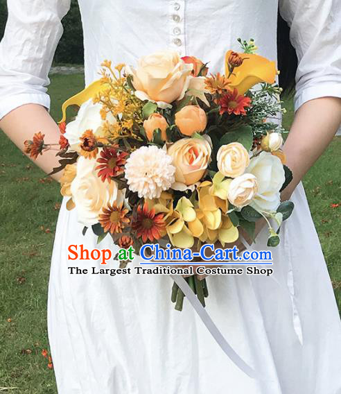 Handmade Wedding Bride Holding Emulational Classical Champagne Flowers Ball Hand Tied Bouquet Flowers for Women