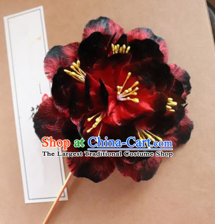 Chinese Handmade Red Velvet Peony Hairpins Ancient Palace Hair Accessories Headwear for Women