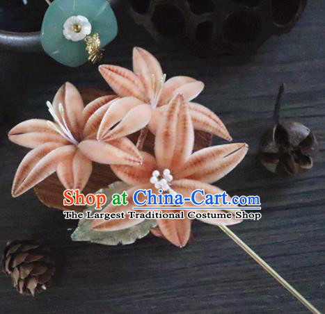 Chinese Handmade Orange Velvet Flowers Hairpins Ancient Palace Queen Hair Accessories Headwear for Women