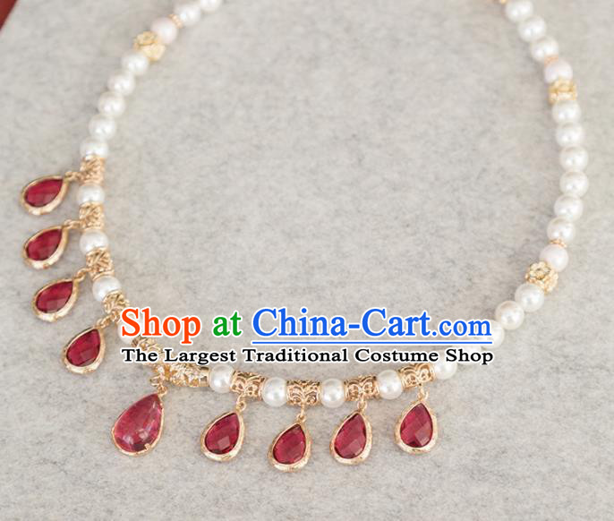 Handmade Chinese Classical Red Crystal Necklace Ancient Palace Hanfu Pearls Necklet Accessories for Women