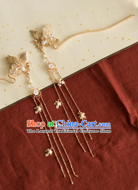 Chinese Handmade Golden Crane Tassel Hairpins Ancient Princess Hair Accessories Headwear for Women