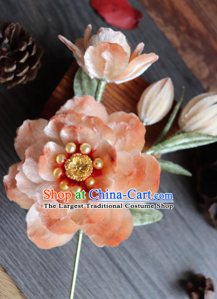 Chinese Handmade Wedding Orange Velvet Peony Hairpins Ancient Palace Queen Hair Accessories Headwear for Women