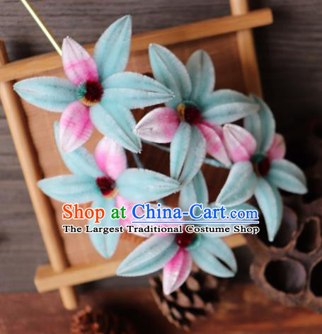 Chinese Handmade Wedding Light Blue Velvet Flowers Hairpins Ancient Palace Queen Hair Accessories Headwear for Women