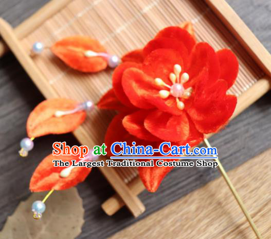 Chinese Handmade Wedding Red Velvet Flower Hairpins Ancient Palace Queen Hair Accessories Headwear for Women