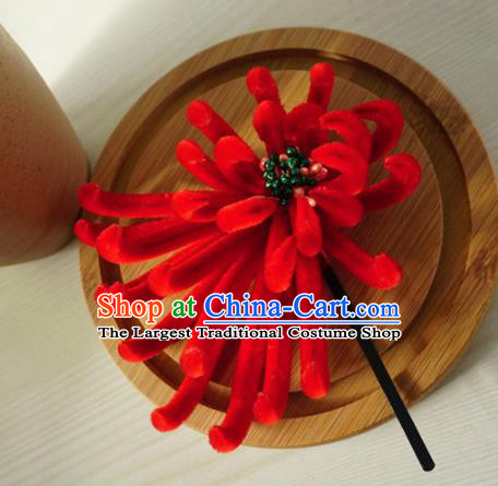 Chinese Handmade Palace Red Velvet Chrysanthemum Hairpins Ancient Queen Hair Accessories Headwear for Women