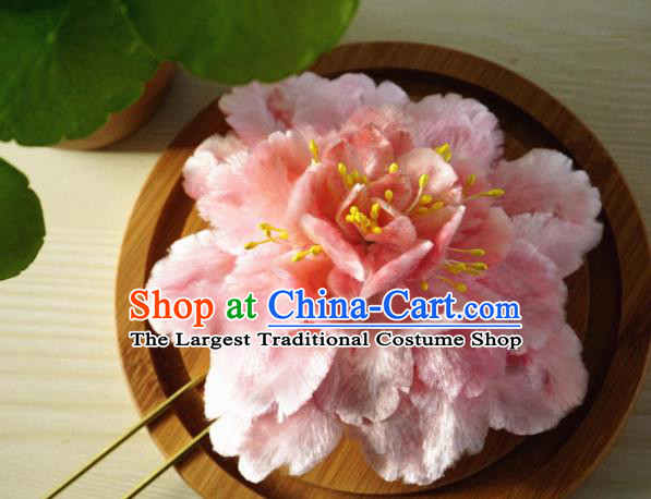 Chinese Handmade Palace Pink Peony Velvet Hairpins Ancient Queen Hair Accessories Headwear for Women