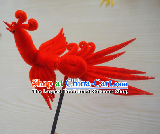 Chinese Handmade Palace Red Phoenix Velvet Hairpins Ancient Queen Hair Accessories Headwear for Women