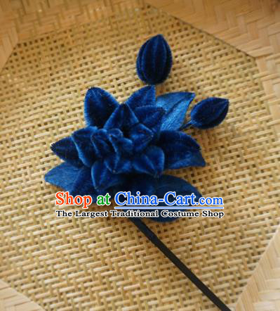 Chinese Handmade Palace Navy Velvet Lotus Hairpins Ancient Queen Hair Accessories Headwear for Women