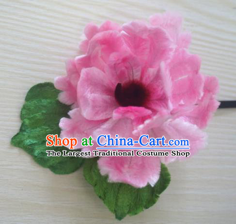 Chinese Handmade Palace Pink Peony Velvet Hairpins Ancient Queen Hair Accessories Headwear for Women