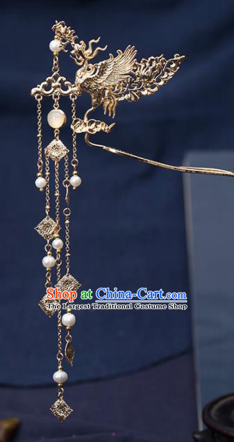 Chinese Handmade Hanfu Golden Crane Tassel Hairpins Ancient Princess Hair Accessories Headwear for Women