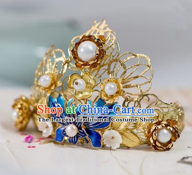 Chinese Handmade Hanfu Cloisonne Lotus Hair Crown Hairpins Ancient Princess Hair Accessories Headwear for Women