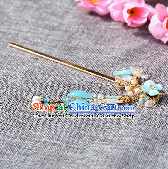 Chinese Handmade Hanfu Blue Tassel Hairpins Ancient Princess Hair Accessories Headwear for Women