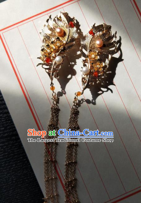 Chinese Handmade Hanfu Golden Feather Hair Claws Hairpins Ancient Palace Princess Hair Accessories Headwear for Women