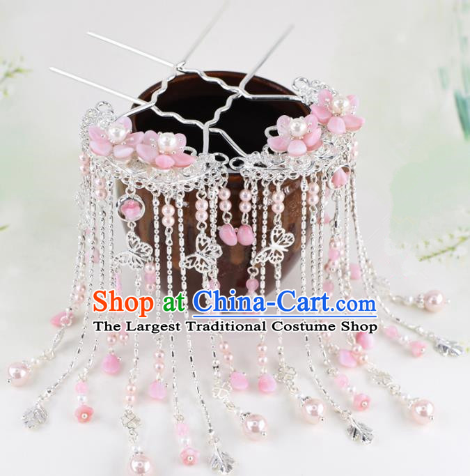 Chinese Handmade Palace Pink Flowers Tassel Hairpins Ancient Princess Hanfu Hair Accessories Headwear for Women