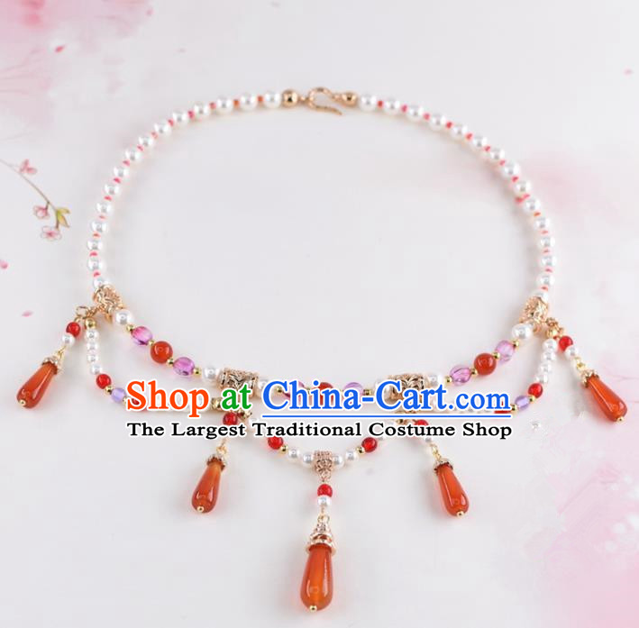Handmade Chinese Classical Red Agate Necklace Ancient Palace Hanfu Necklet Accessories for Women