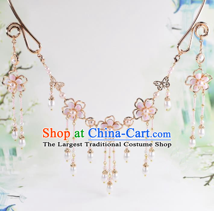 Handmade Chinese Classical Pink Flowers Tassel Necklace Ancient Palace Hanfu Necklet Accessories for Women