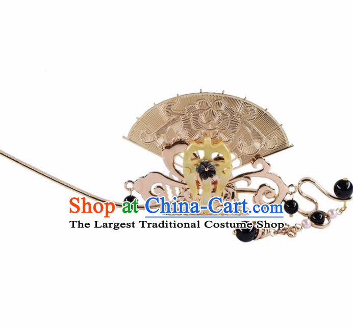 Chinese Handmade Palace Golden Fan Hairpins Ancient Princess Hanfu Hair Accessories Headwear for Women