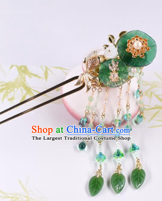 Chinese Handmade Palace Lotus Leaf Tassel Hairpins Ancient Princess Hanfu Hair Accessories Headwear for Women