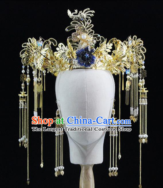 Chinese Handmade Palace Golden Phoenix Coronet Hairpins Ancient Princess Hanfu Hair Accessories Headwear for Women