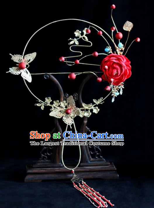 Chinese Traditional Wedding Red Rose Round Fans Ancient Bride Palace Fan for Women