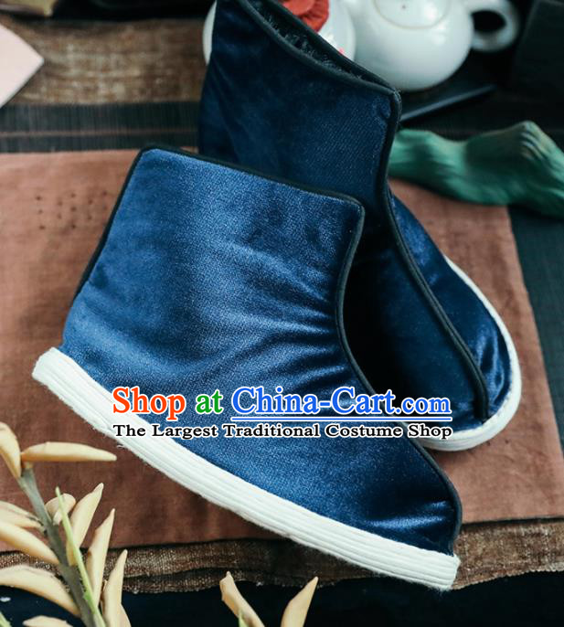 Chinese Handmade Blue Cloth Boots Traditional National Shoes Ancient Princess Hanfu Shoes for Women