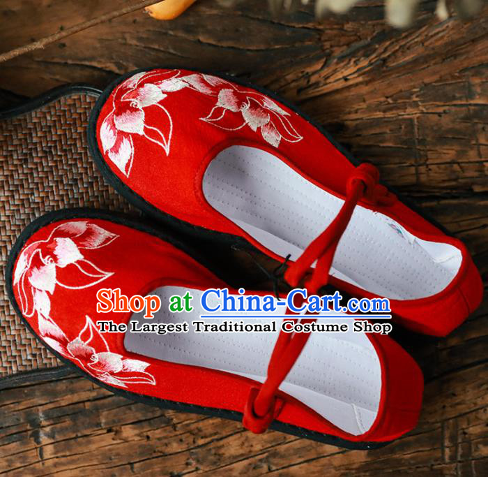 Chinese Handmade Red Cloth Shoes Traditional National Shoes Ancient Princess Embroidered Lotus Hanfu Shoes for Women