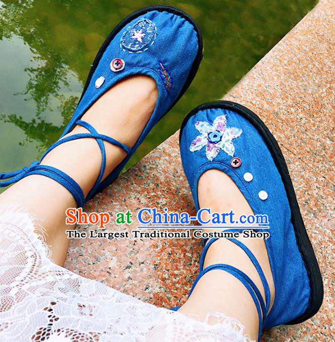 Chinese Handmade Blue Cloth Shoes Traditional National Shoes Ancient Princess Hanfu Shoes for Women