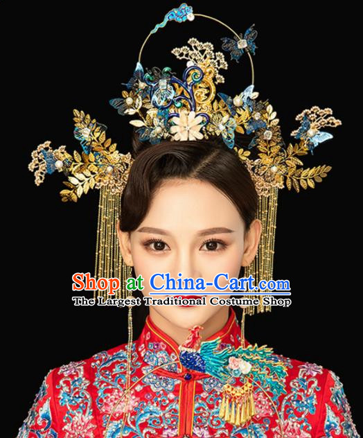 Chinese Handmade Palace Queen Cloisonne Butterfly Phoenix Coronet Hairpins Ancient Hair Accessories Headwear for Women