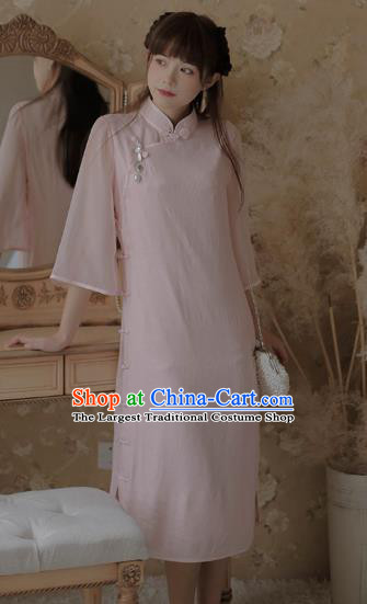 Chinese Classical National Light Pink Cheongsam Traditional Tang Suit Qipao Dress for Women