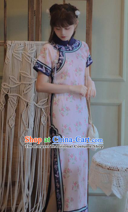 Chinese National Printing Pink Cheongsam Traditional Classical Tang Suit Qipao Dress for Women