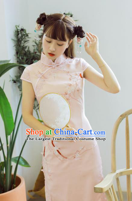 Traditional Chinese National Embroidered Pink Cheongsam Classical Tang Suit Qipao Dress for Women