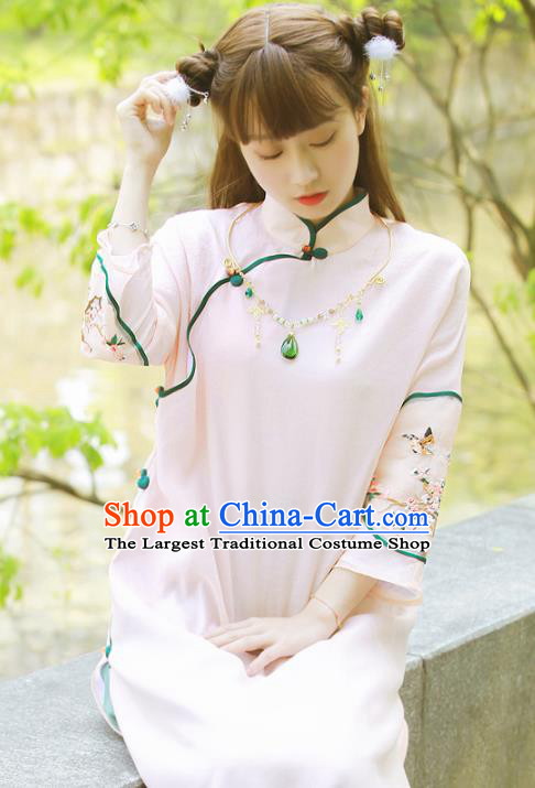 Traditional Chinese National Embroidered Flowers Pink Cheongsam Classical Tang Suit Qipao Dress for Women