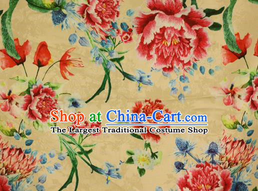 Chinese Traditional Satin Fabric Material Classical Peony Pattern Design Yellow Brocade Cheongsam Silk Fabric