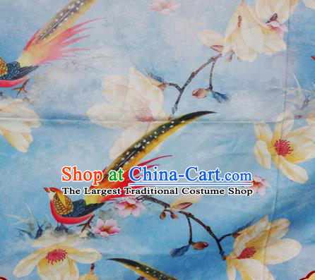 Chinese Traditional Hanfu Printing Magnolia Birds Pattern Blue Brocade Material Cheongsam Classical Fabric Satin Silk Fabric