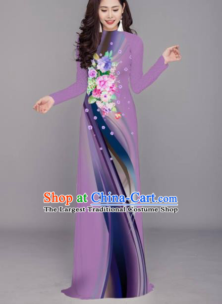 Vietnam Traditional Printing Flowers Purple Aodai Cheongsam Asian Costume Vietnamese Bride Classical Qipao Dress for Women